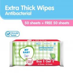 My Baby Extra Thick Wipes Antibacterial 50s (GRATIS 1pc My Baby Extra Thick Wipes Antibacterial 50s) (ED: Jun 23)