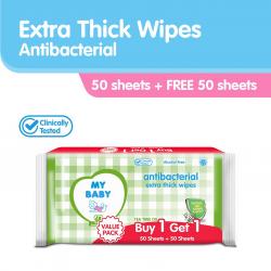 My Baby Extra Thick Wipes Antibacterial 50s (GRATIS 1pc My Baby Extra Thick Wipes Antibacterial 50s) (ED: Apr 24)